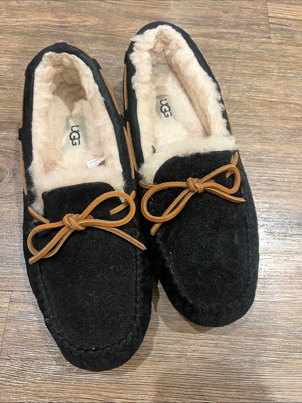 UGG Black Suede Moccasin Slippers with Chestnut Laces